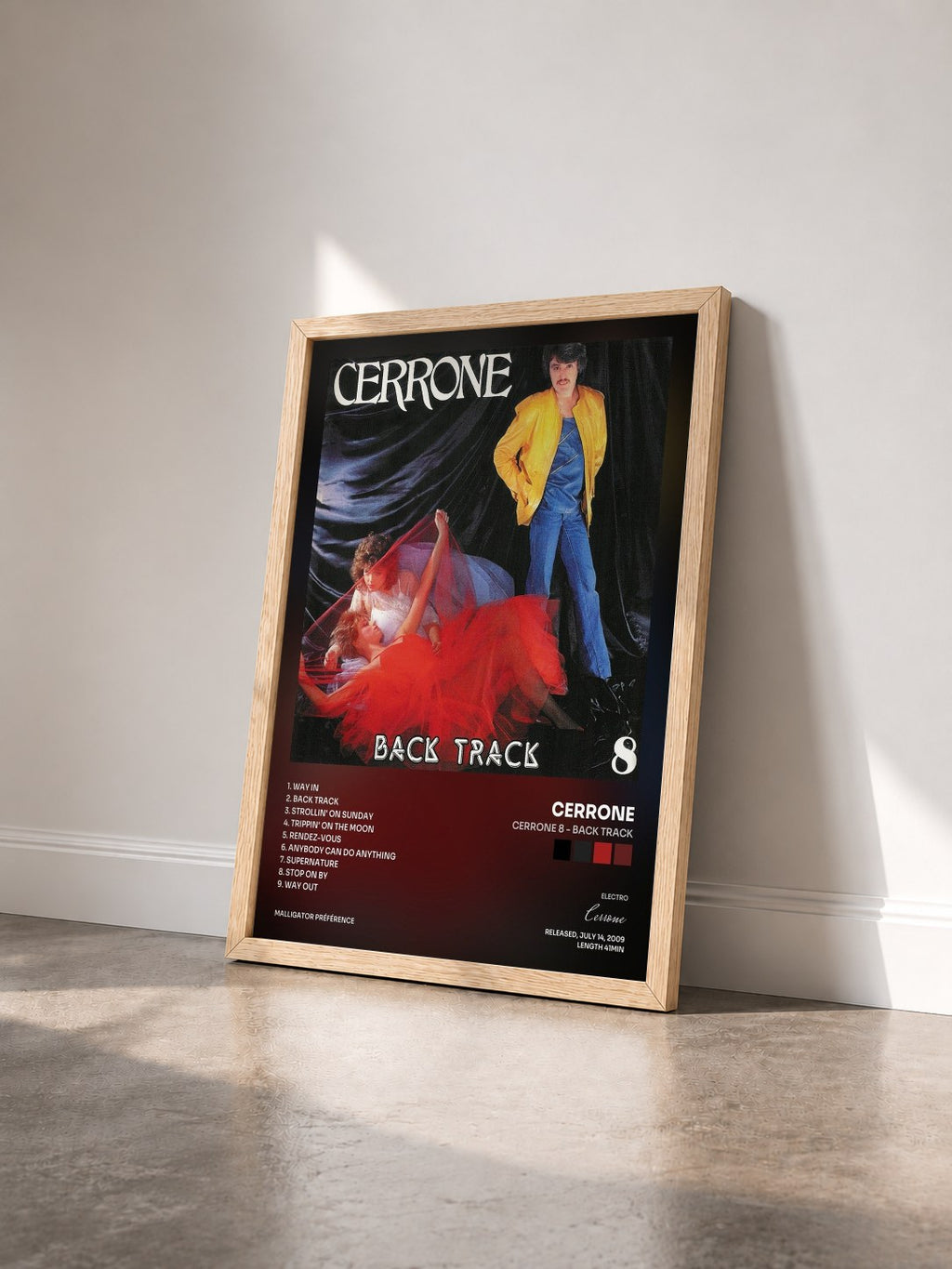 #bois Tableau de l'album Cerrone 8 - Back Track de Cerrone vu de trois quarts, cadre en bois brut