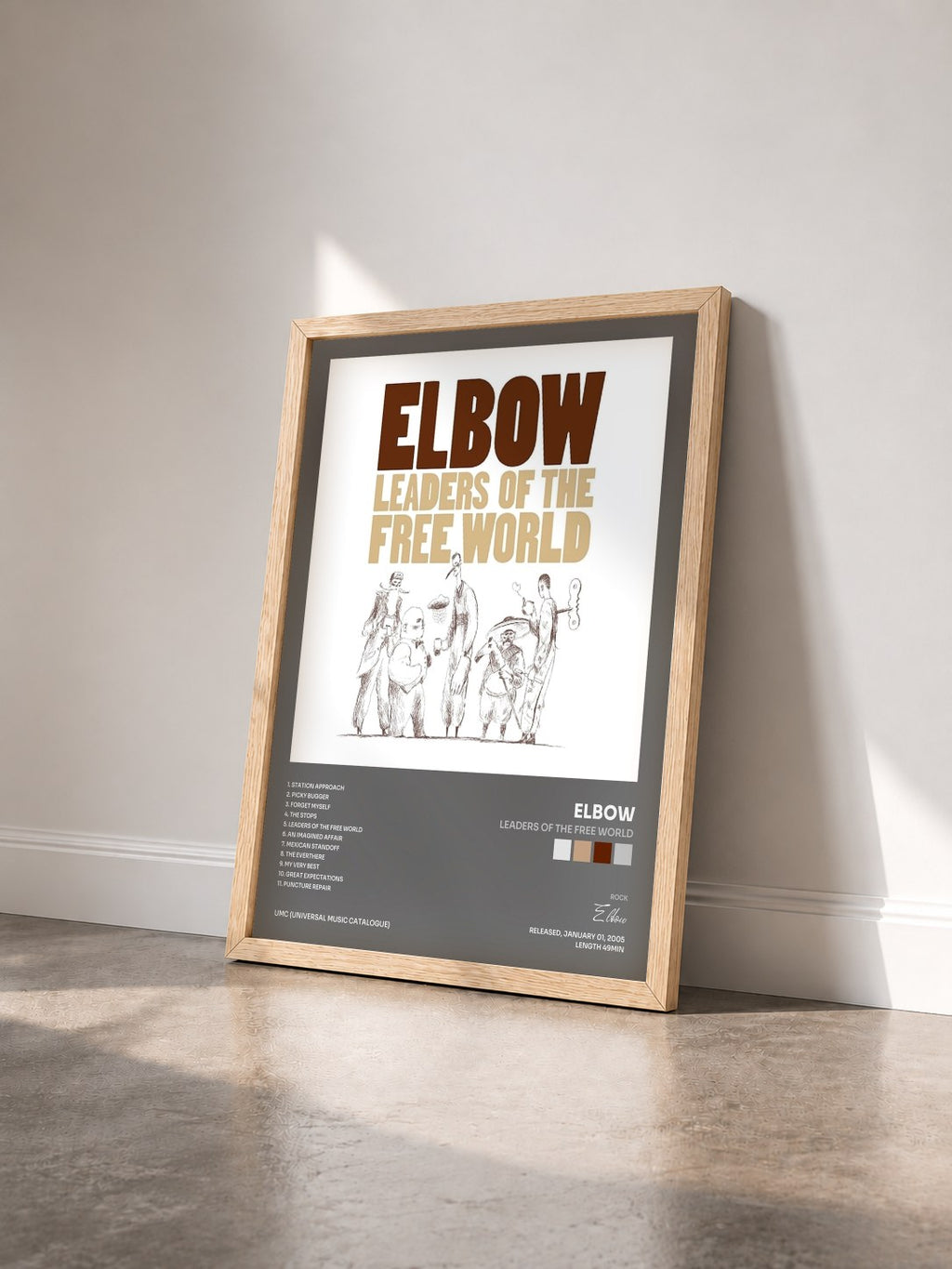 #bois Tableau de l'album Leaders Of The Free World de Elbow vu de trois quarts, cadre en bois brut