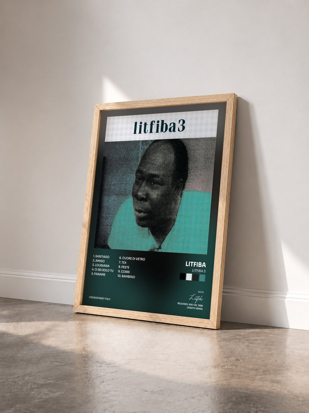 #bois Tableau de l'album Litfiba 3 de Litfiba vu de trois quarts, cadre en bois brut