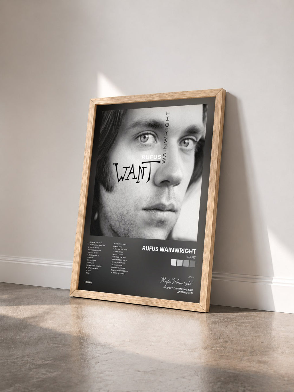 #bois Tableau de l'album Want de Rufus Wainwright vu de trois quarts, cadre en bois brut