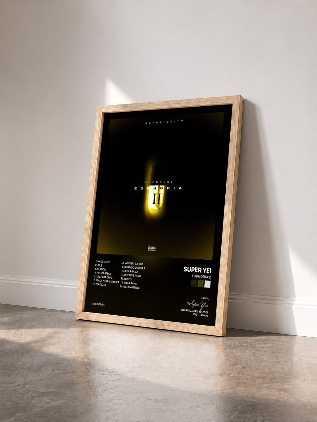 #bois Tableau de l'album Euphoria 2 de Super Yei vu de trois quarts, cadre en bois brut