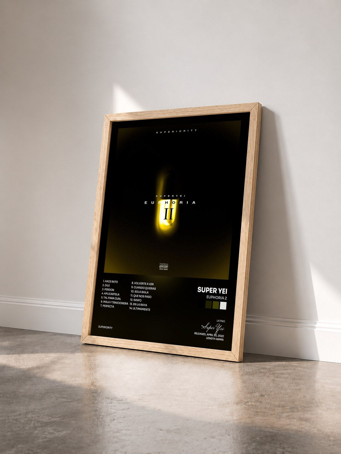 #bois Tableau de l'album Euphoria 2 de Super Yei vu de trois quarts, cadre en bois brut