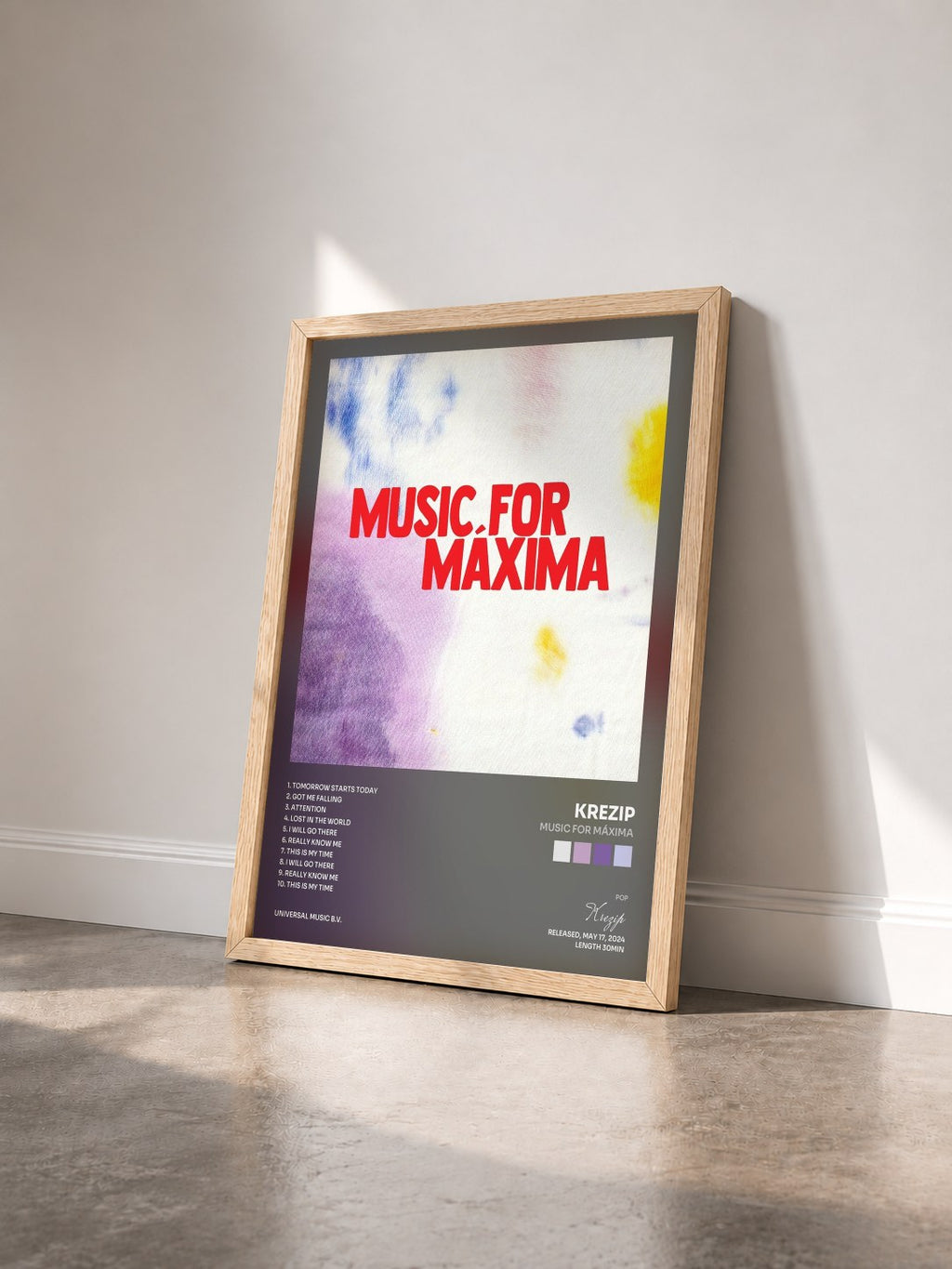 #bois Tableau de l'album Music For Máxima de Krezip vu de trois quarts, cadre en bois brut
