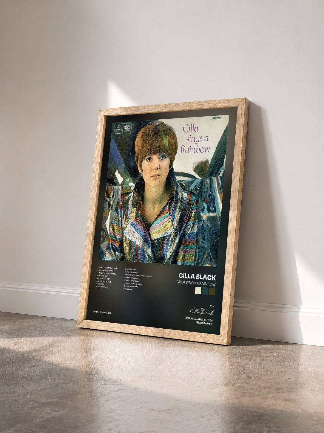 #bois Tableau de l'album Cilla Sings a Rainbow de Cilla Black vu de trois quarts, cadre en bois brut