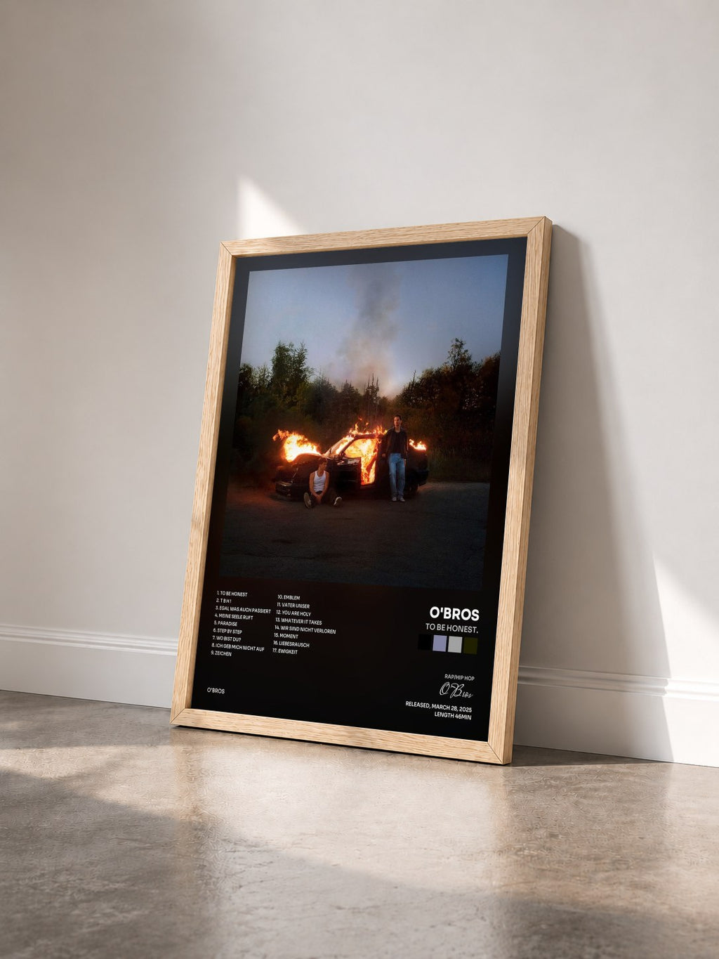 #bois Tableau de l'album To be honest. de O'Bros vu de trois quarts, cadre en bois brut