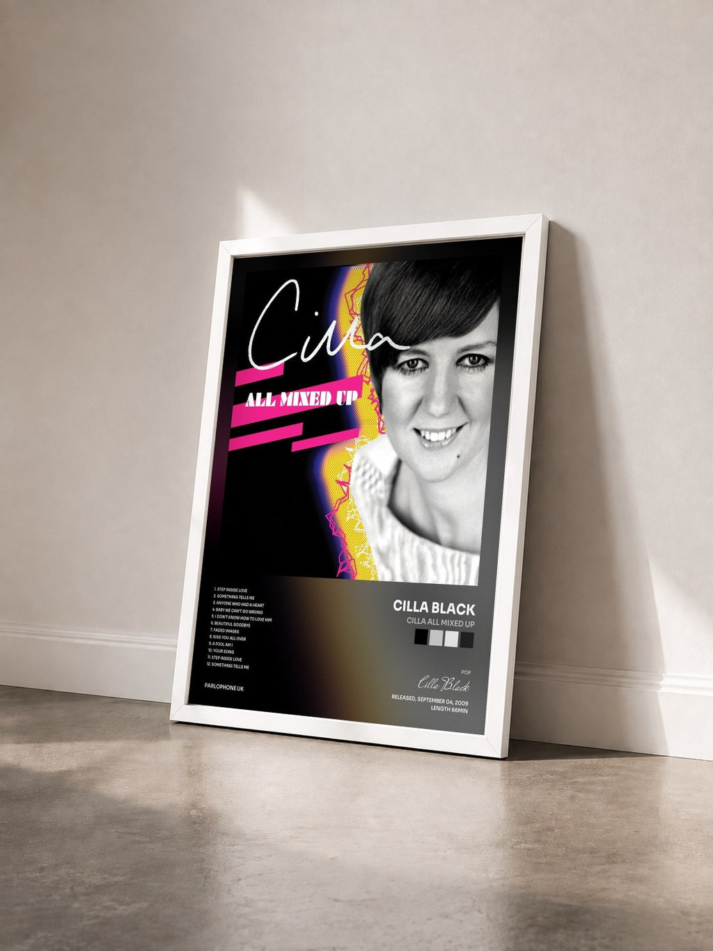 #blanc Tableau de l'album Cilla All Mixed Up de Cilla Black vu de trois quarts, cadre blanc