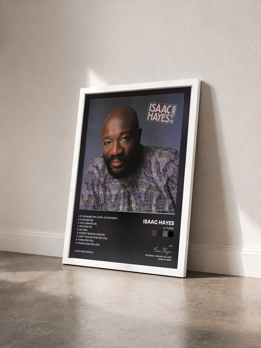 #blanc Tableau de l'album U-Turn de Isaac Hayes vu de trois quarts, cadre blanc
