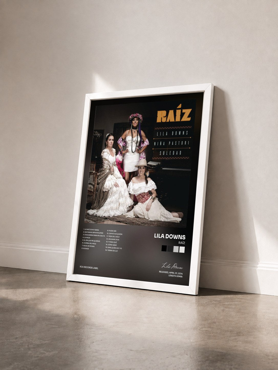 #blanc Tableau de l'album Raíz de Lila Downs vu de trois quarts, cadre blanc