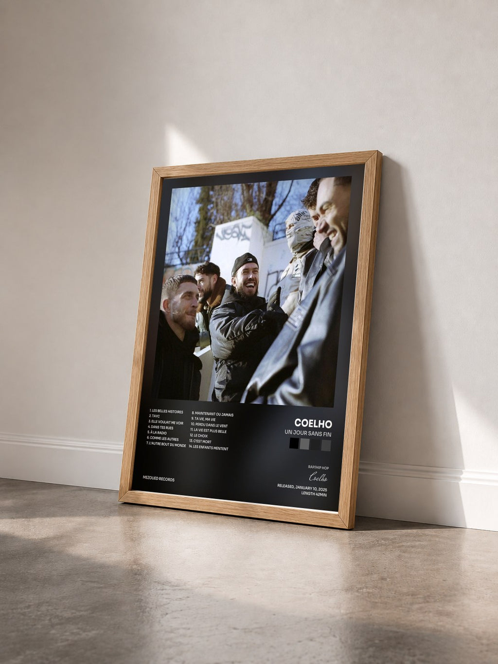 #bois Tableau de l'album UN JOUR SANS FIN de Coelho vu de trois quarts, cadre en bois brut
