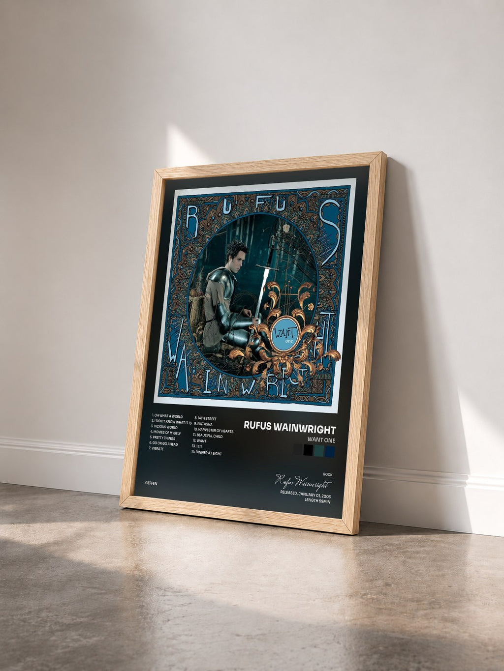 #bois Tableau de l'album Want One de Rufus Wainwright vu de trois quarts, cadre en bois brut