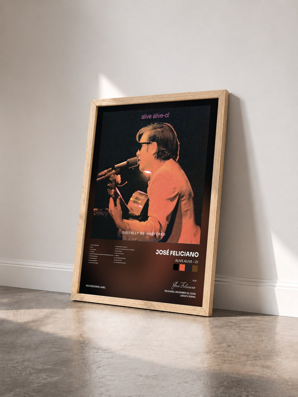 #bois Tableau de l'album Alive Alive - O! de José Feliciano vu de trois quarts, cadre en bois brut