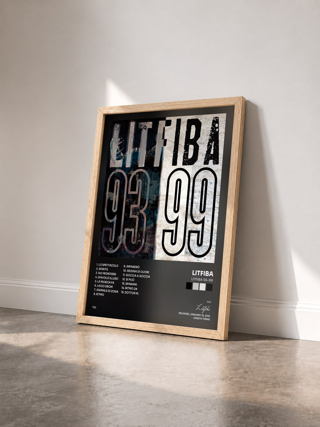#bois Tableau de l'album LITFIBA 93-99 de Litfiba vu de trois quarts, cadre en bois brut