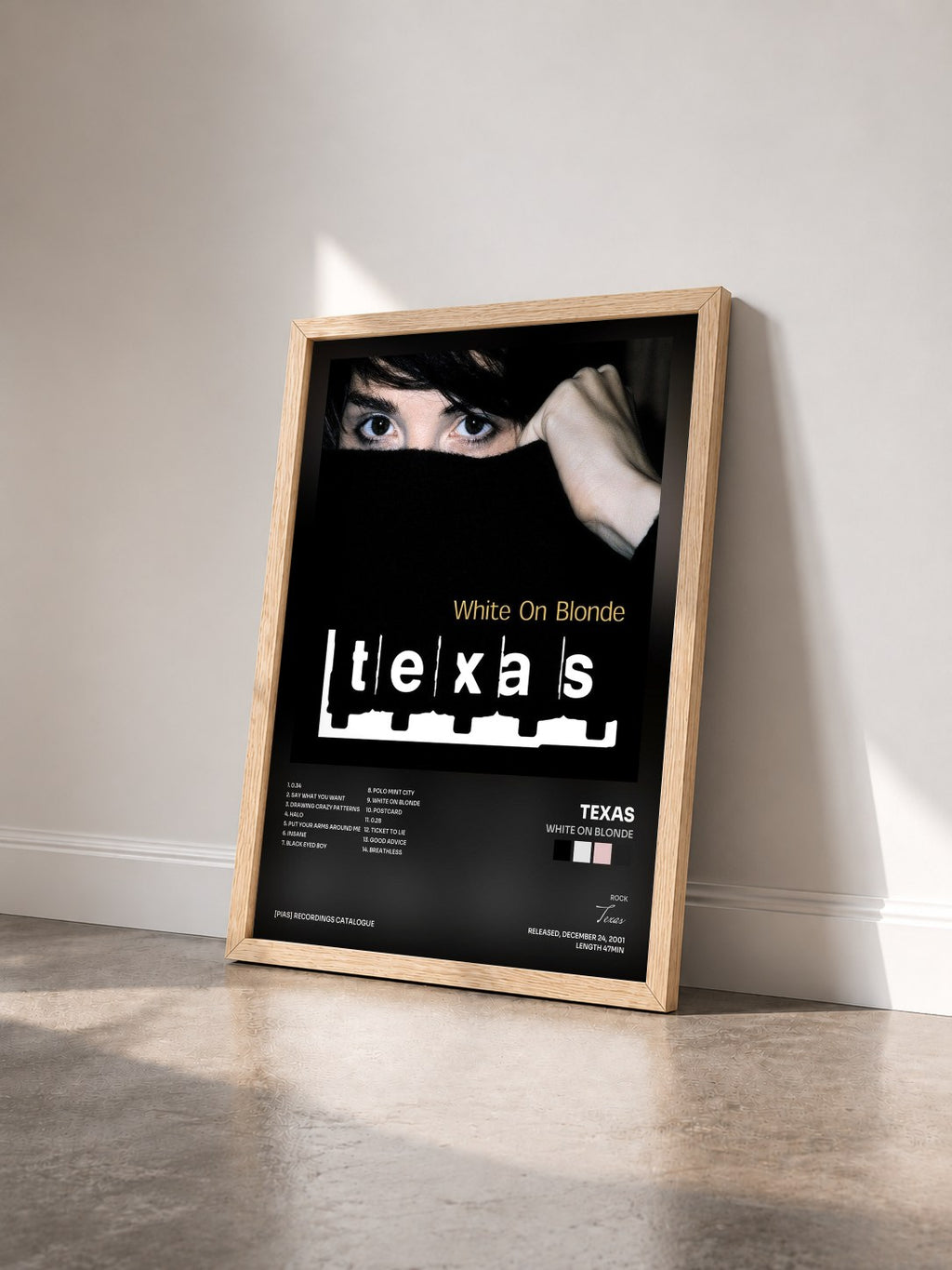 #bois Tableau de l'album White On Blonde de Texas vu de trois quarts, cadre en bois brut