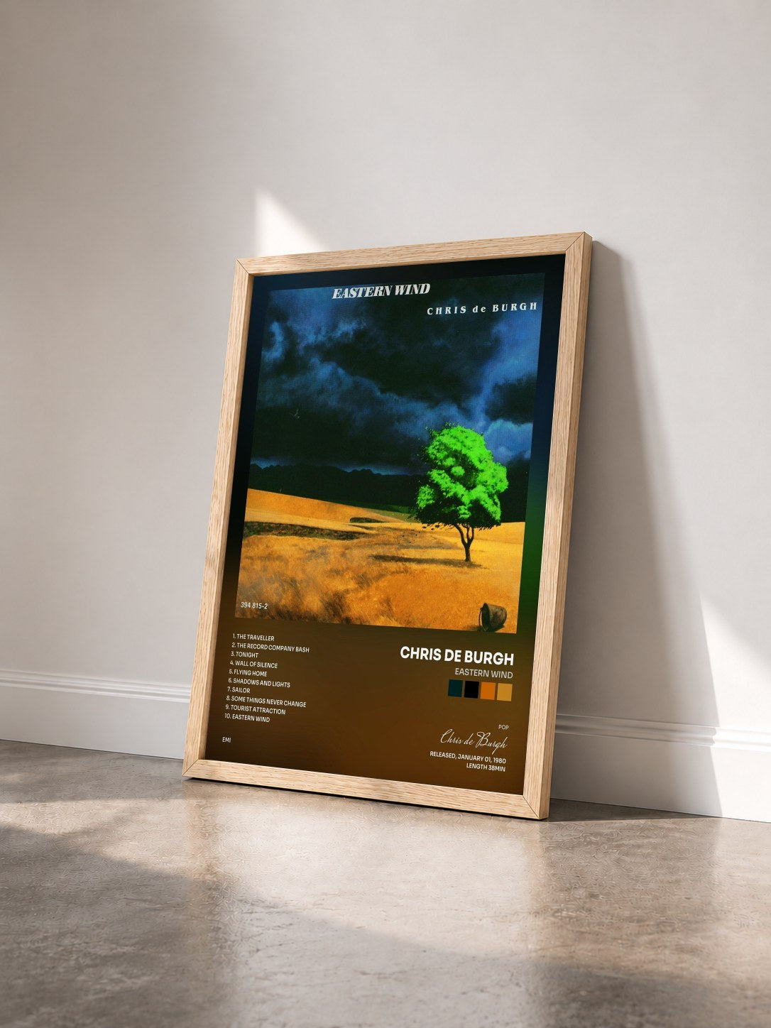 #bois Tableau de l'album Eastern Wind de Chris de Burgh vu de trois quarts, cadre en bois brut