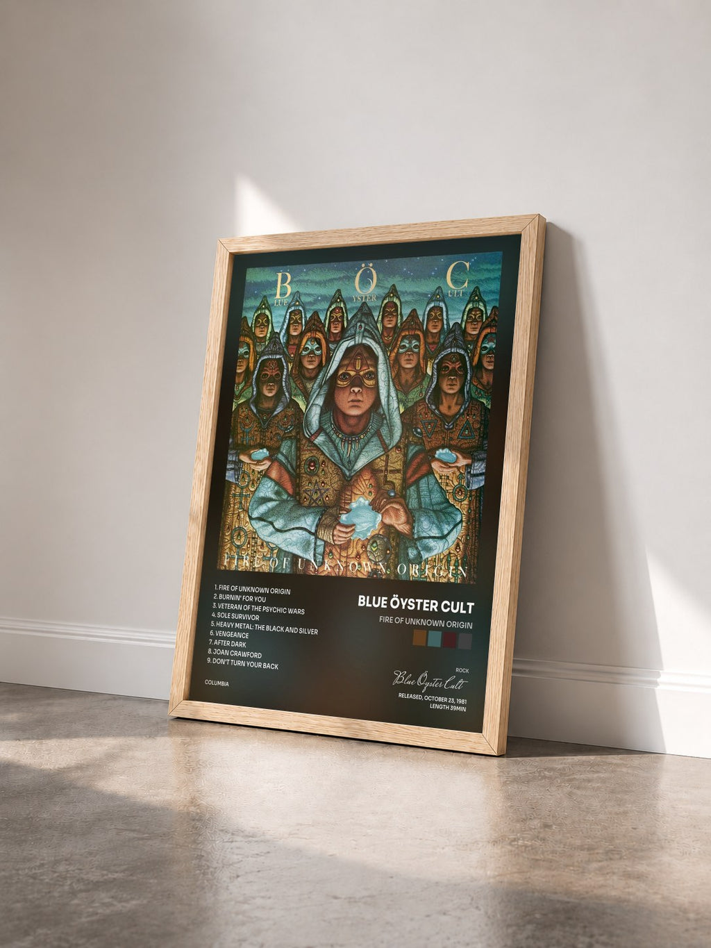 #bois Tableau de l'album Fire of Unknown Origin de Blue Öyster Cult vu de trois quarts, cadre en bois brut