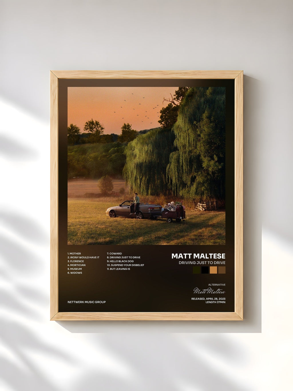 #bois Tableau de l'album Driving Just To Drive de Matt Maltese, cadre en bois brut, imprimé et encadré en France