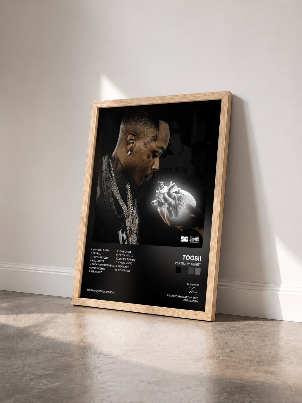 #bois Tableau de l'album Platinum Heart de Toosii vu de trois quarts, cadre en bois brut