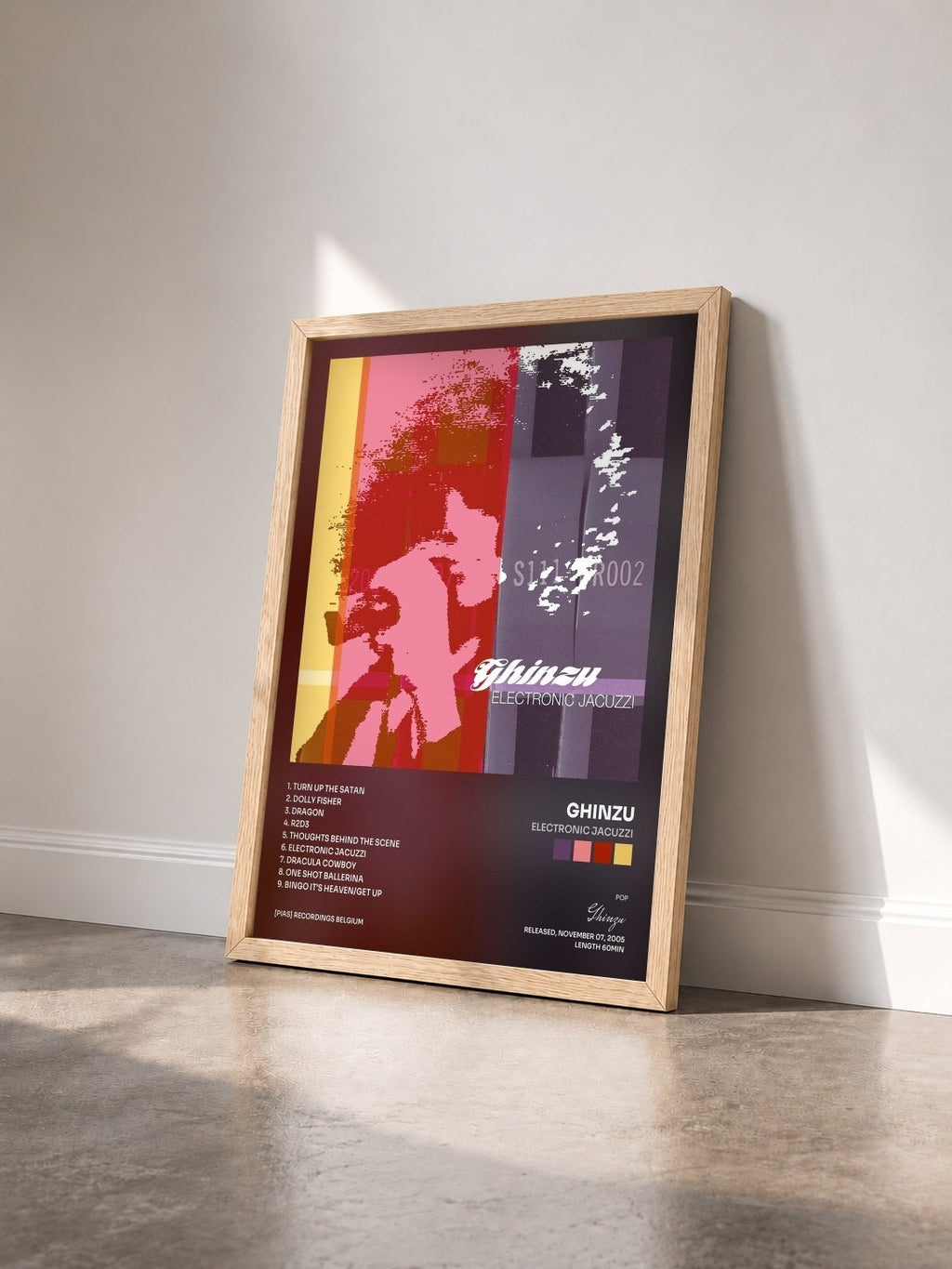 #bois Tableau de l'album Electronic Jacuzzi de Ghinzu vu de trois quarts, cadre en bois brut
