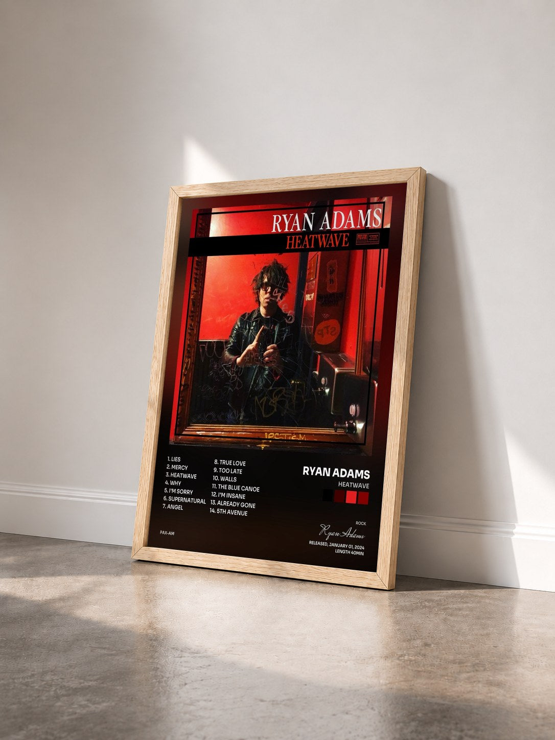 #bois Tableau de l'album Heatwave de Ryan Adams vu de trois quarts, cadre en bois brut