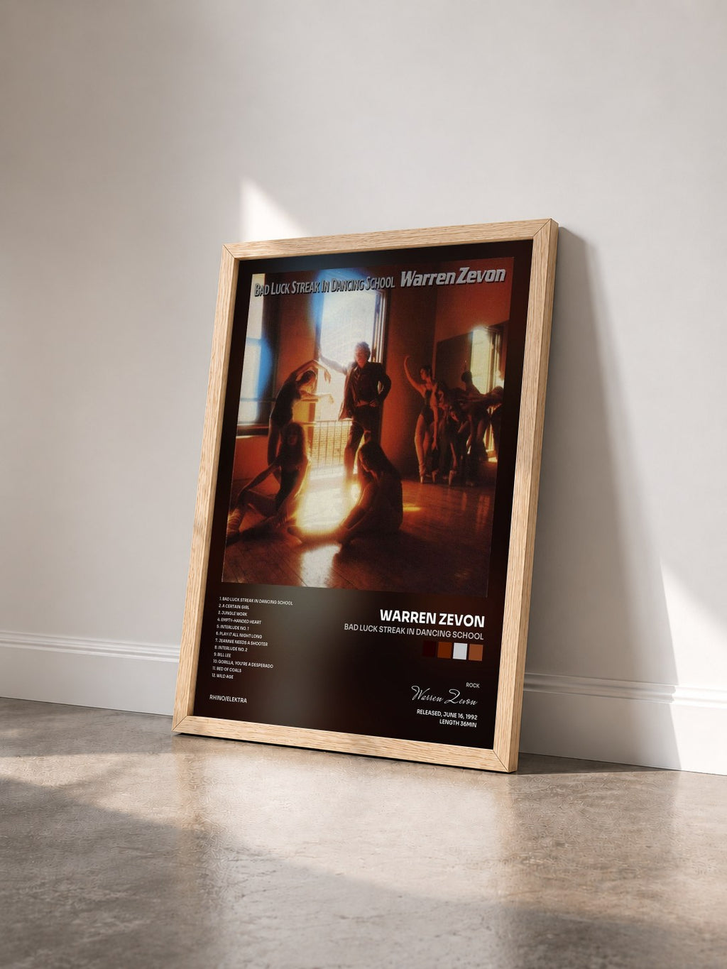 #bois Tableau de l'album Bad Luck Streak in Dancing School de Warren Zevon vu de trois quarts, cadre en bois brut