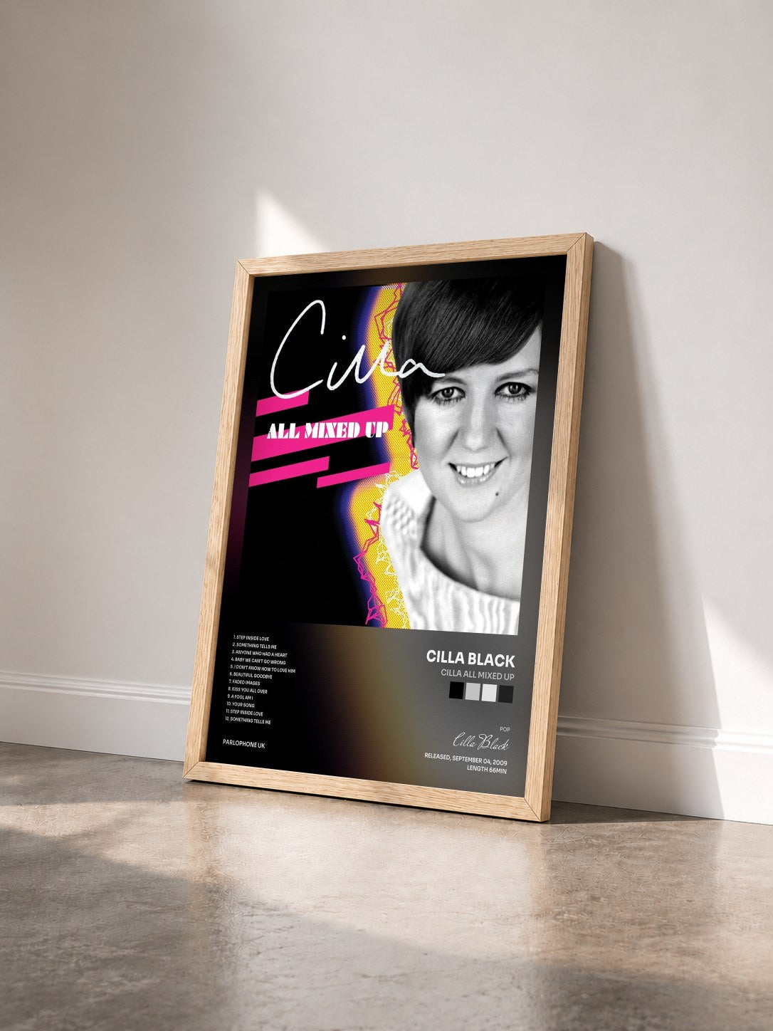 #bois Tableau de l'album Cilla All Mixed Up de Cilla Black vu de trois quarts, cadre en bois brut