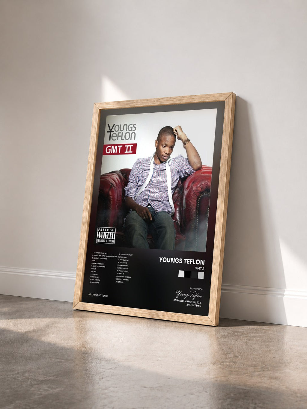 #bois Tableau de l'album Gmt 2 de Youngs Teflon vu de trois quarts, cadre en bois brut