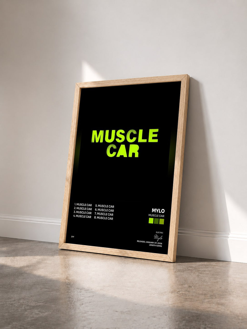 #bois Tableau de l'album Muscle Car de Mylo vu de trois quarts, cadre en bois brut