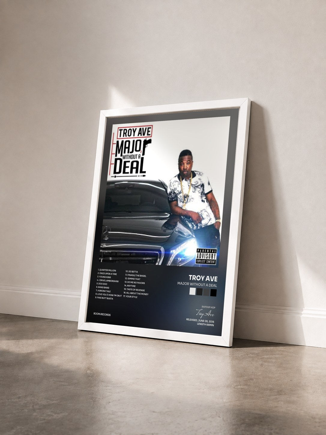 #blanc Tableau de l'album Major Without a Deal de Troy Ave vu de trois quarts, cadre blanc