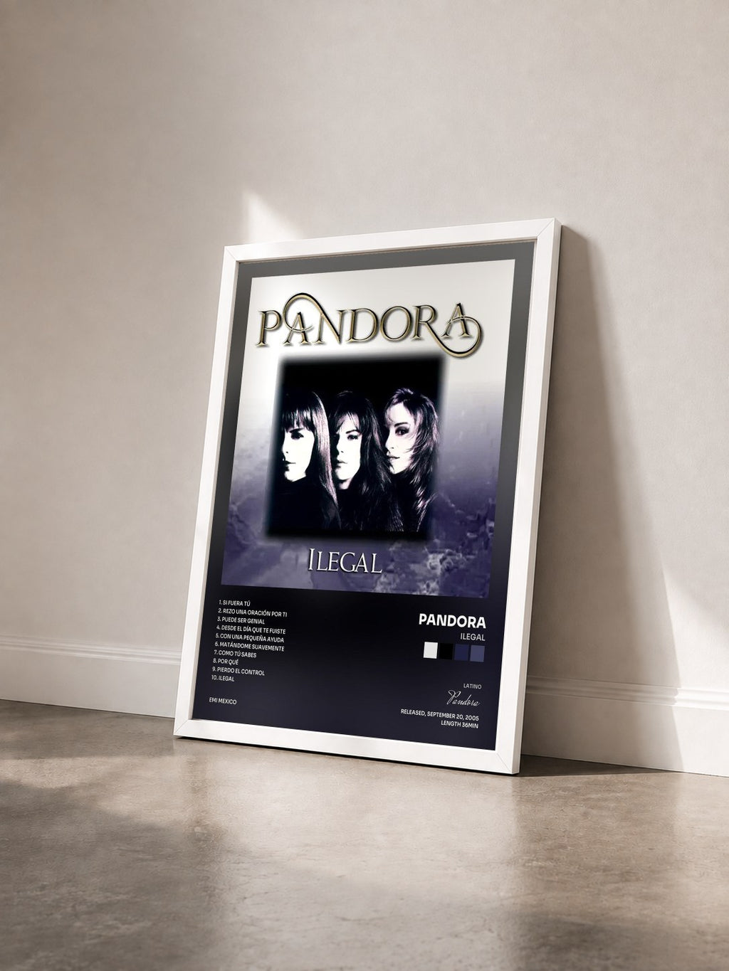 #blanc Tableau de l'album Ilegal de Pandora vu de trois quarts, cadre blanc