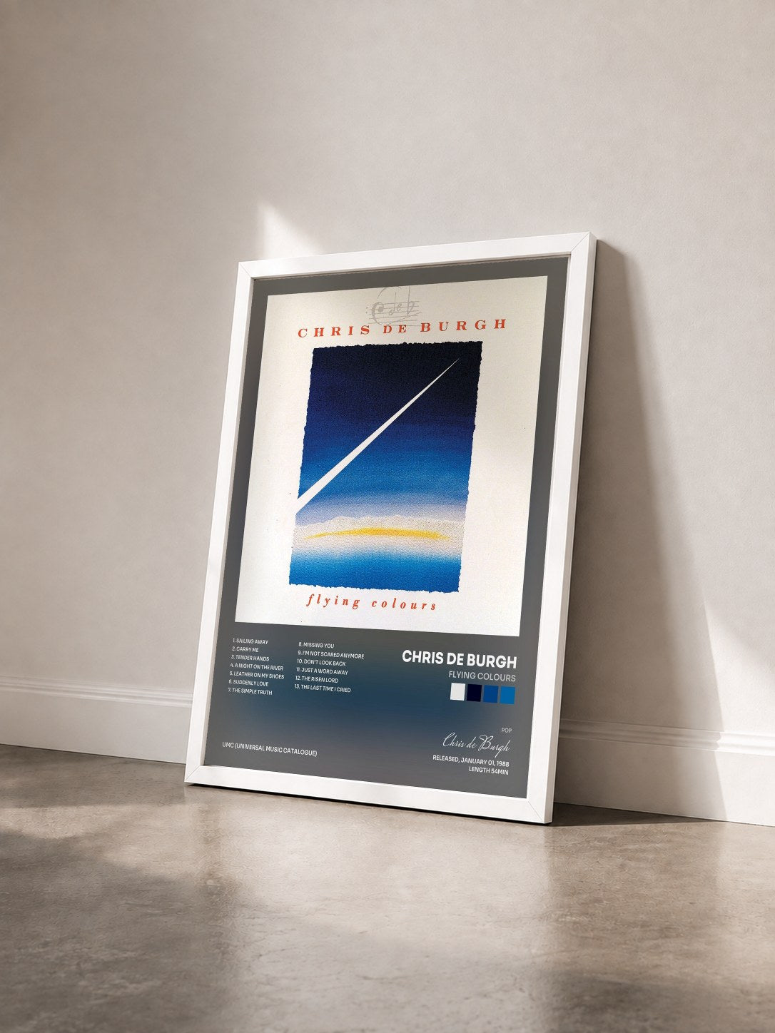 #blanc Tableau de l'album Flying Colours de Chris de Burgh vu de trois quarts, cadre blanc