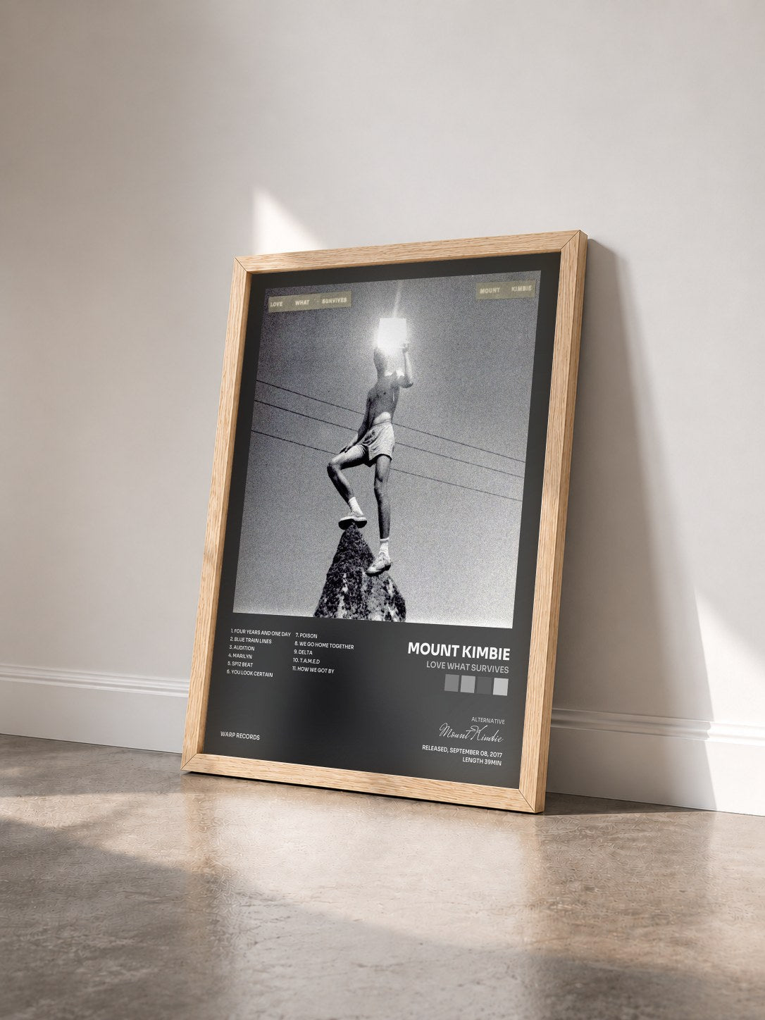 #bois Tableau de l'album Love What Survives de Mount Kimbie vu de trois quarts, cadre en bois brut