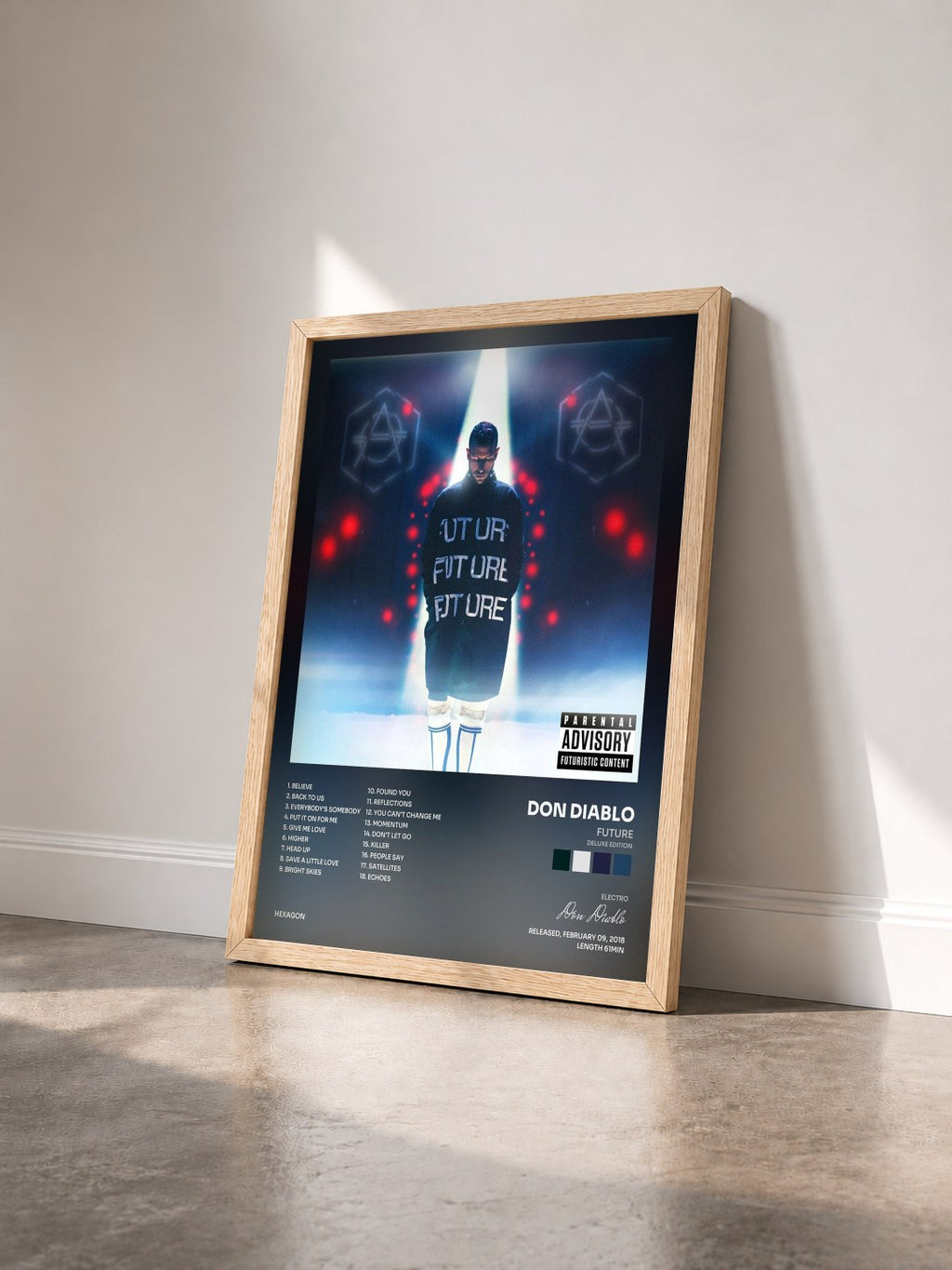 #bois Tableau de l'album FUTURE (Deluxe Edition) de Don Diablo vu de trois quarts, cadre en bois brut