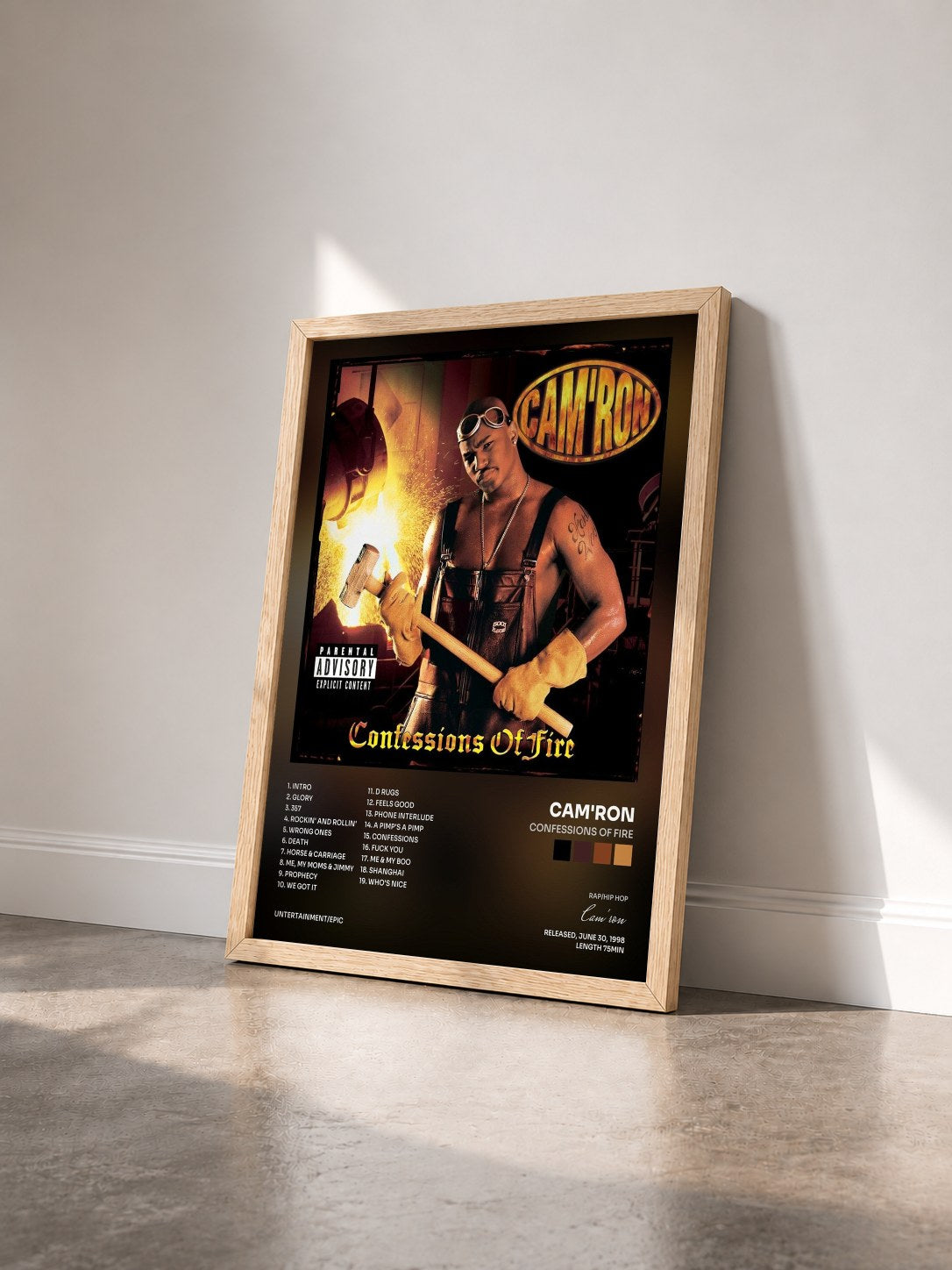 #bois Tableau de l'album Confessions Of Fire de Cam'ron vu de trois quarts, cadre en bois brut