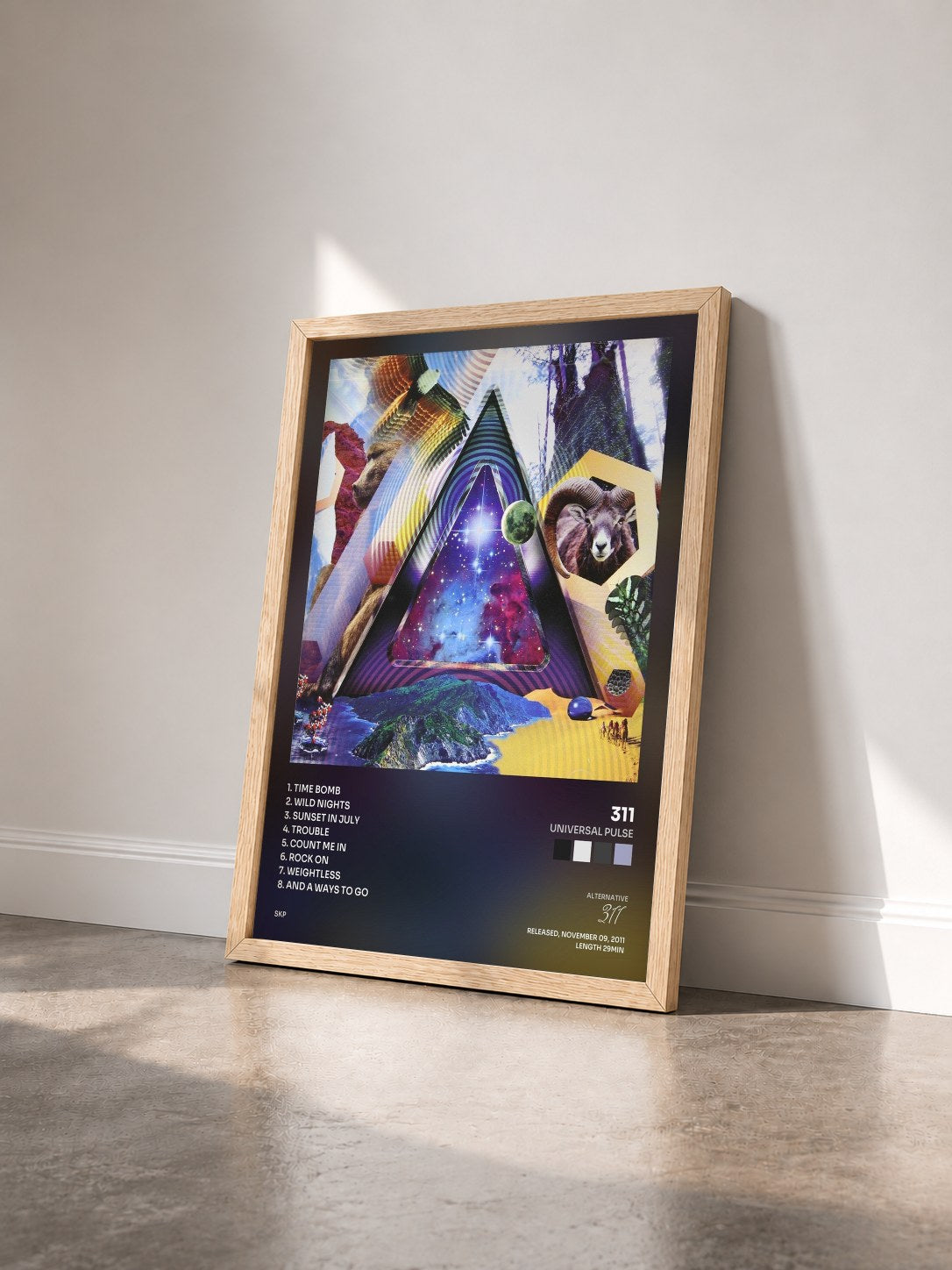 #bois Tableau de l'album Universal Pulse de 311 vu de trois quarts, cadre en bois brut