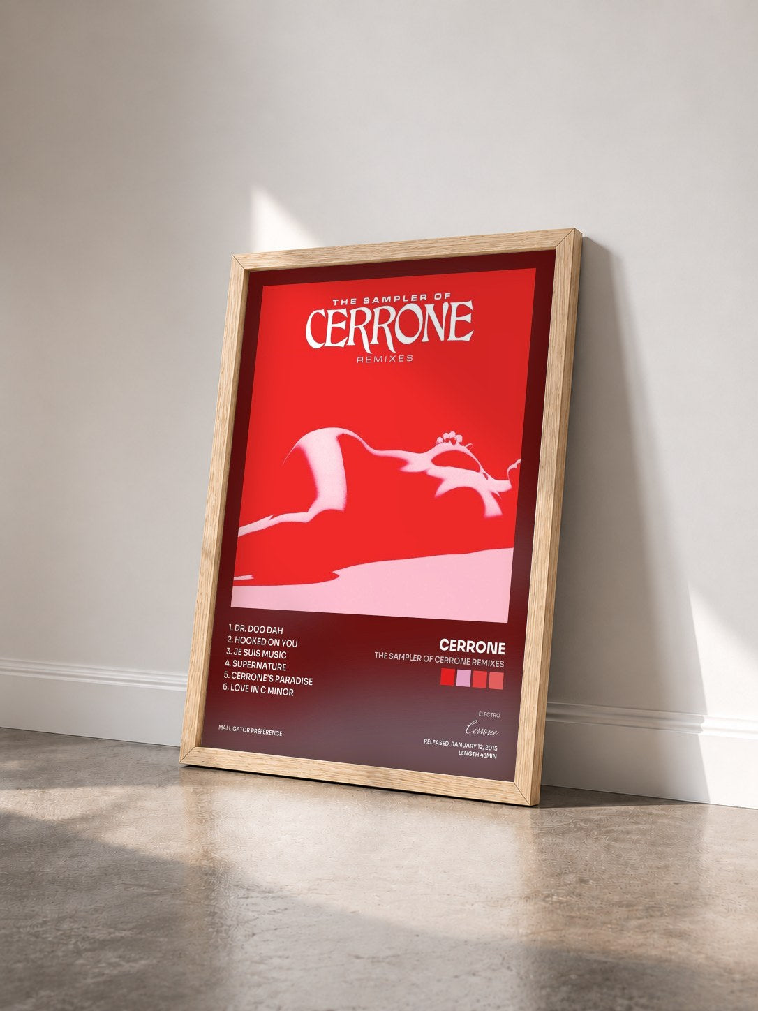 #bois Tableau de l'album The Sampler of Cerrone Remixes de Cerrone vu de trois quarts, cadre en bois brut