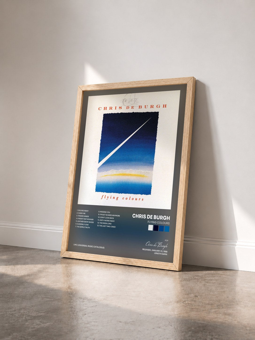 #bois Tableau de l'album Flying Colours de Chris de Burgh vu de trois quarts, cadre en bois brut
