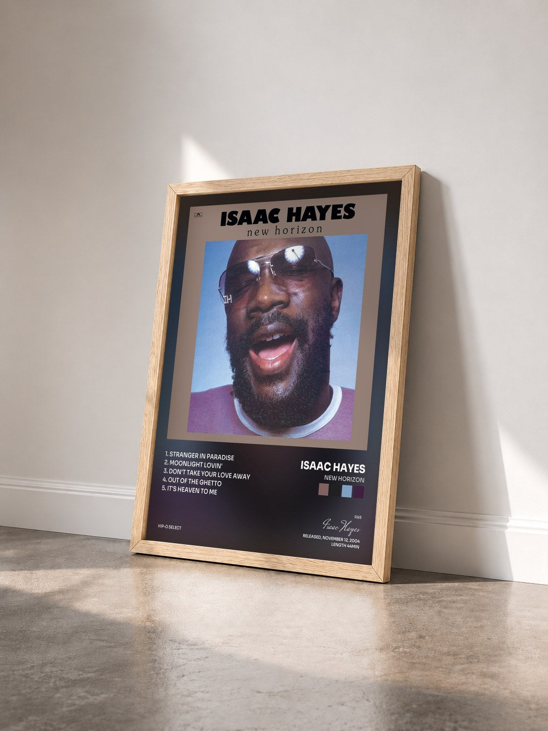 #bois Tableau de l'album New Horizon de Isaac Hayes vu de trois quarts, cadre en bois brut
