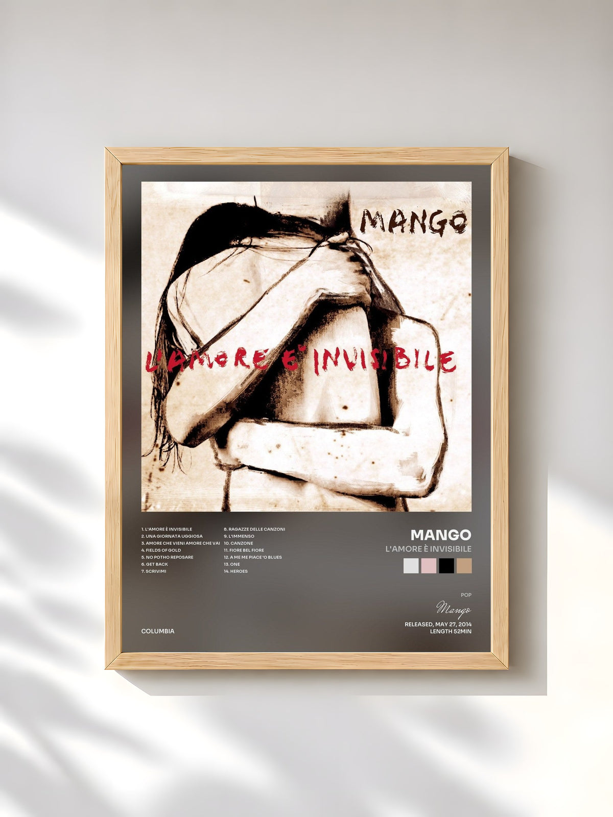 #bois Tableau de l'album L'amore è invisibile de Mango, cadre en bois brut, imprimé et encadré en France