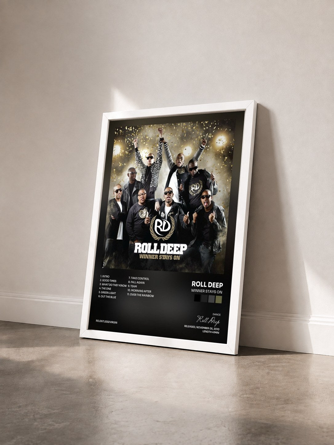 #blanc Tableau de l'album Winner Stays On de Roll Deep vu de trois quarts, cadre blanc