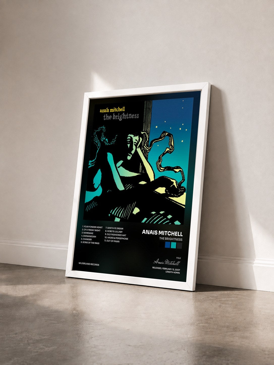 #blanc Tableau de l'album The Brightness de Anais Mitchell vu de trois quarts, cadre blanc