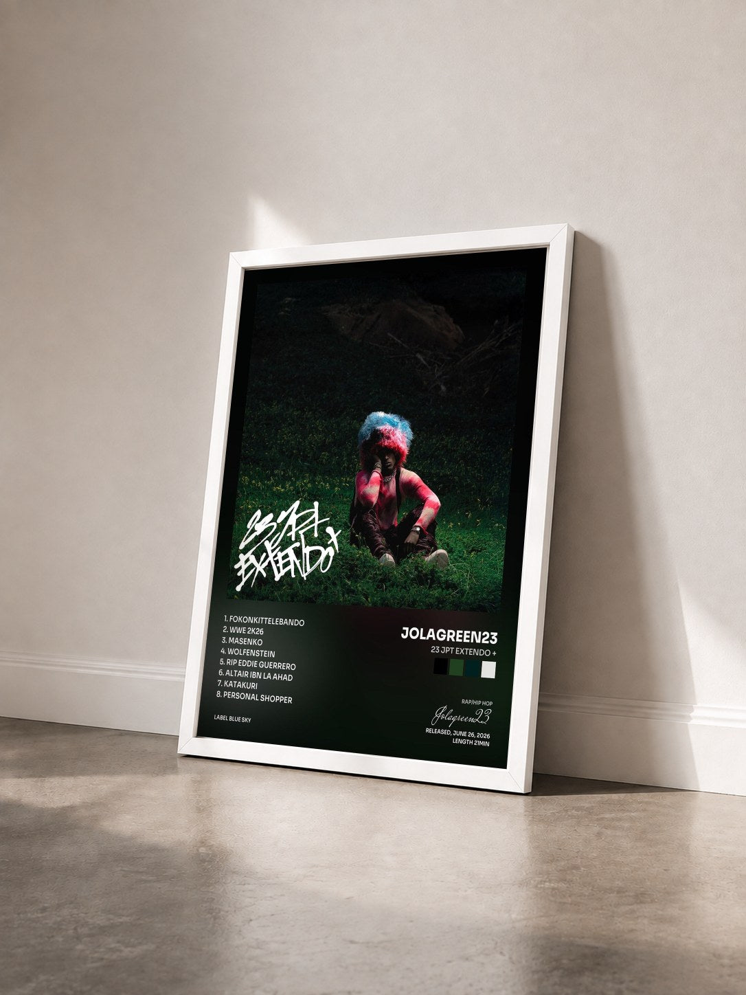 #blanc Tableau de l'album 23 JPT EXTENDO + de Jolagreen23 vu de trois quarts, cadre blanc