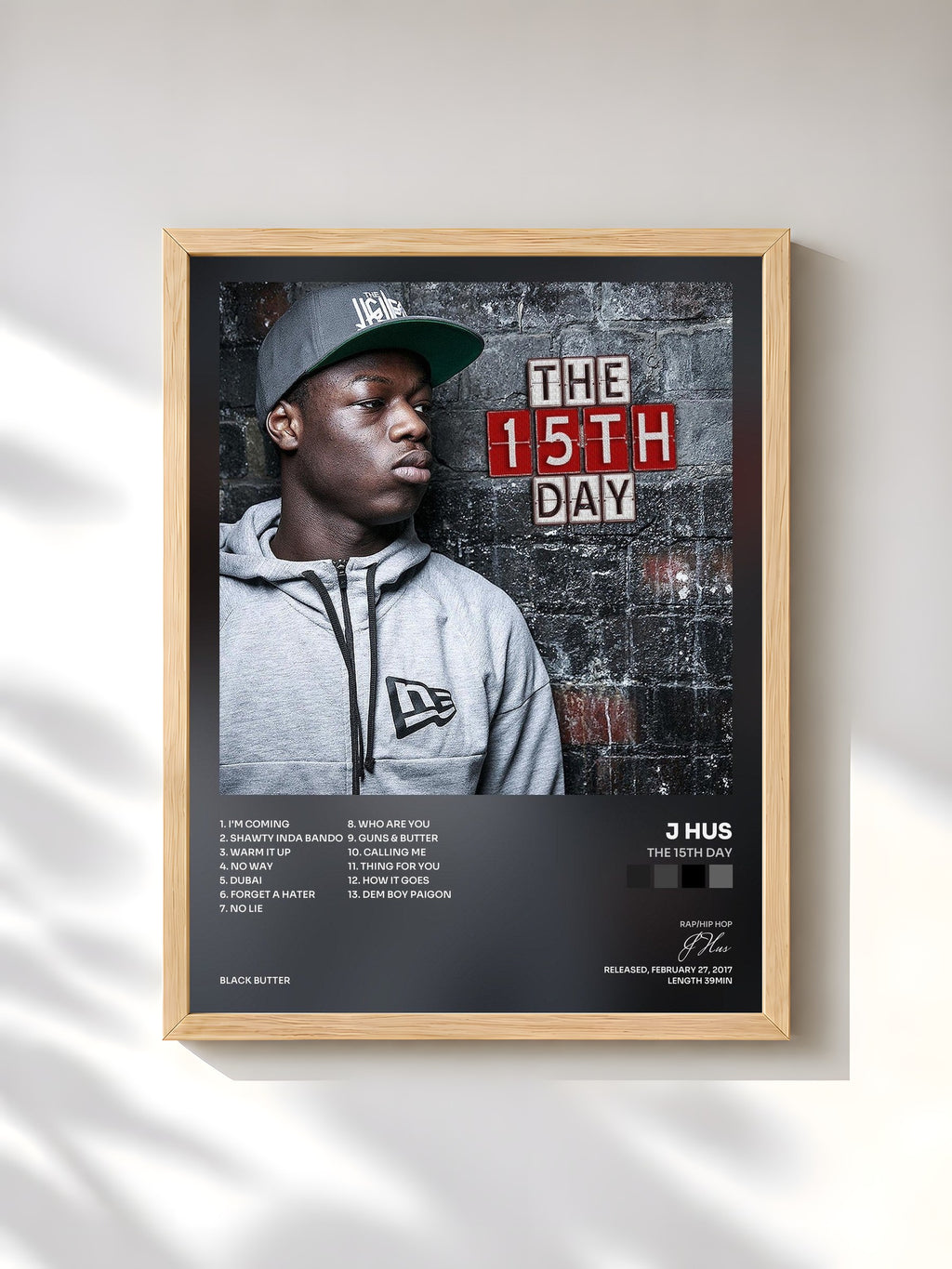 #bois Tableau de l'album The 15th Day de J Hus, cadre en bois brut, imprimé et encadré en France