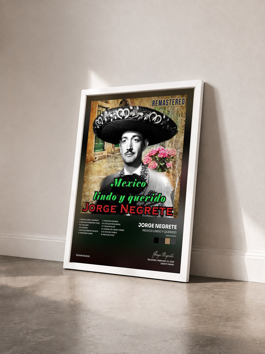 #blanc Tableau de l'album Mexico Lindo y Querido (Remastered) de Jorge Negrete vu de trois quarts, cadre blanc