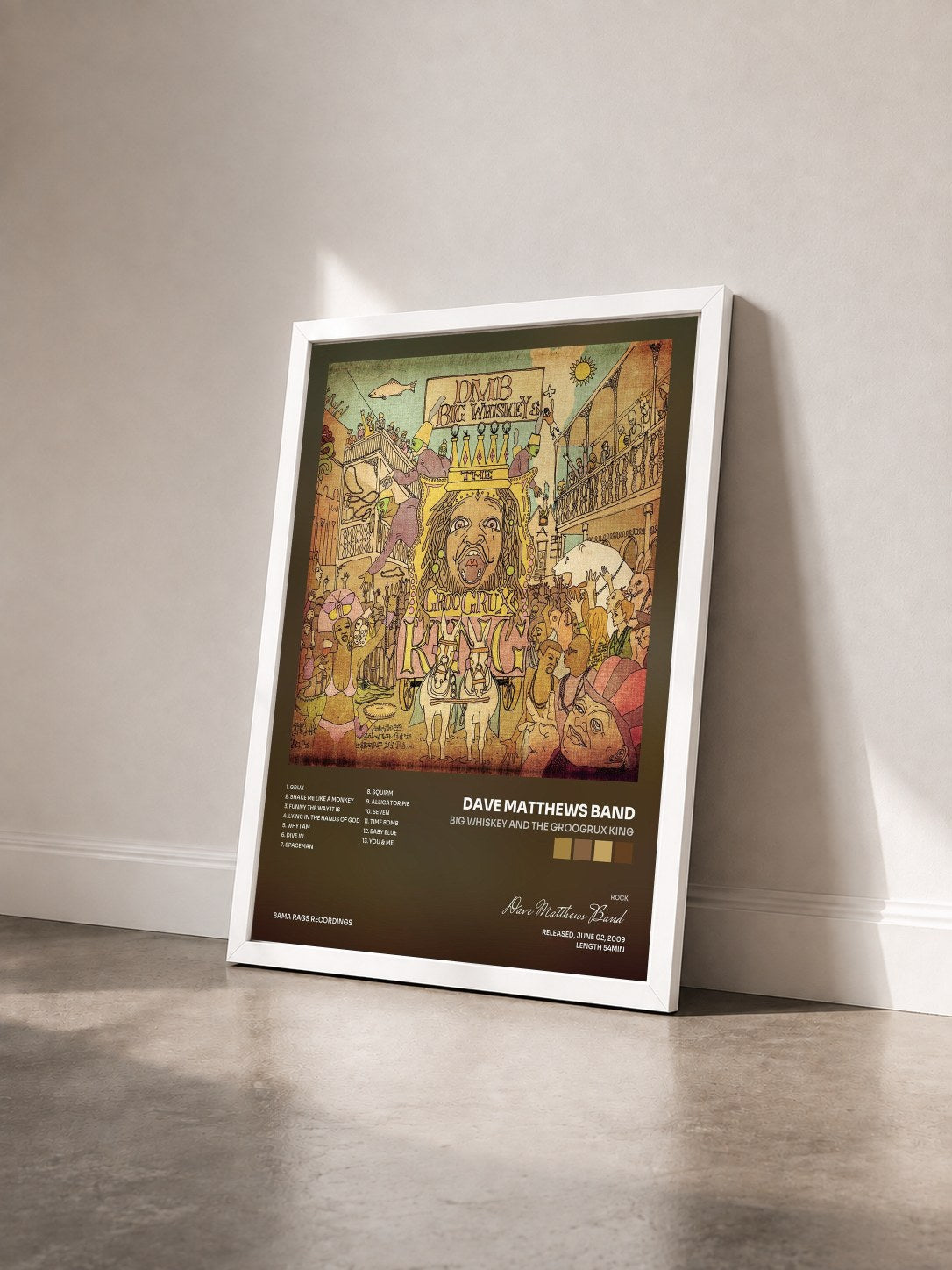 #blanc Tableau de l'album Big Whiskey and the GrooGrux King de Dave Matthews Band vu de trois quarts, cadre blanc