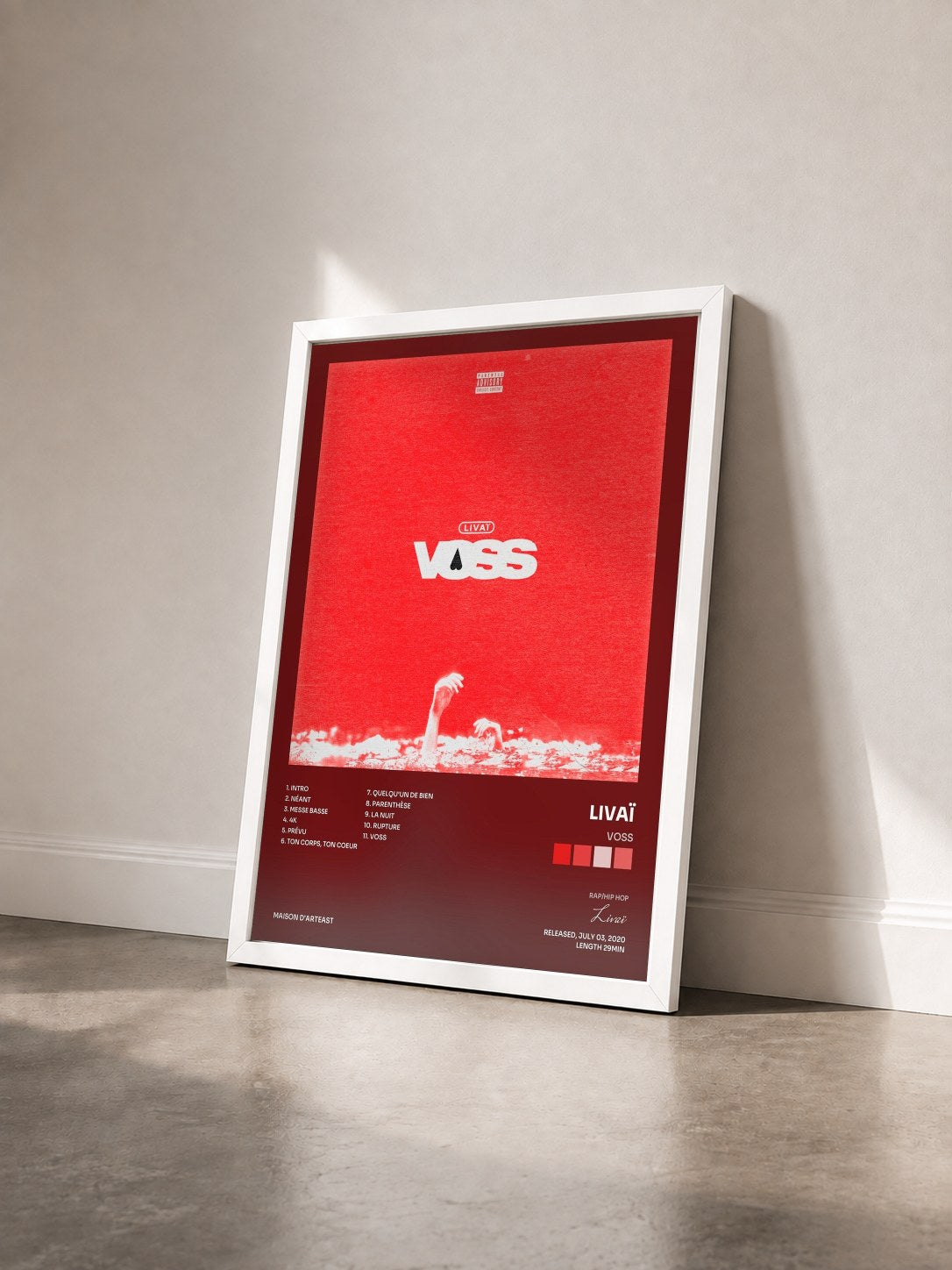 #blanc Tableau de l'album Voss de Livaï vu de trois quarts, cadre blanc