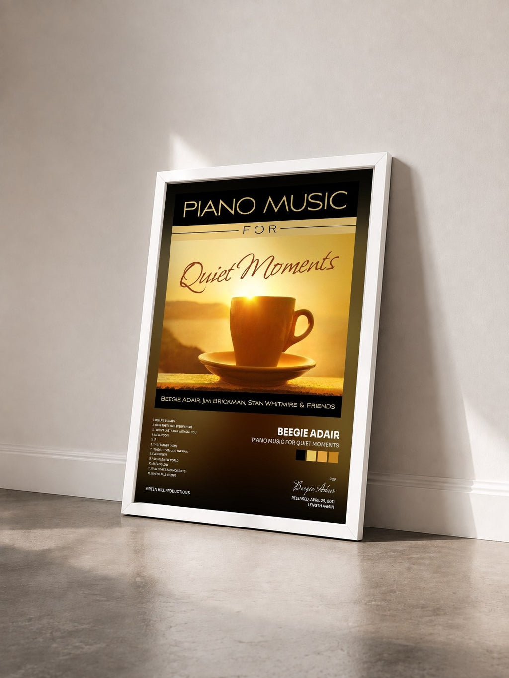 #blanc Tableau de l'album Piano Music For Quiet Moments de Beegie Adair vu de trois quarts, cadre blanc