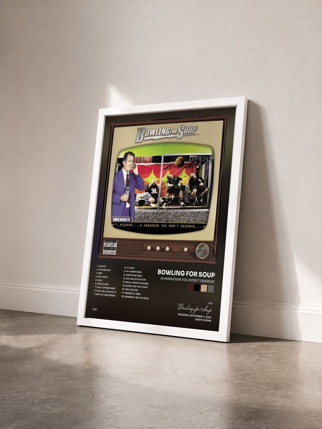 #blanc Tableau de l'album A Hangover You Don't Deserve de Bowling for Soup vu de trois quarts, cadre blanc