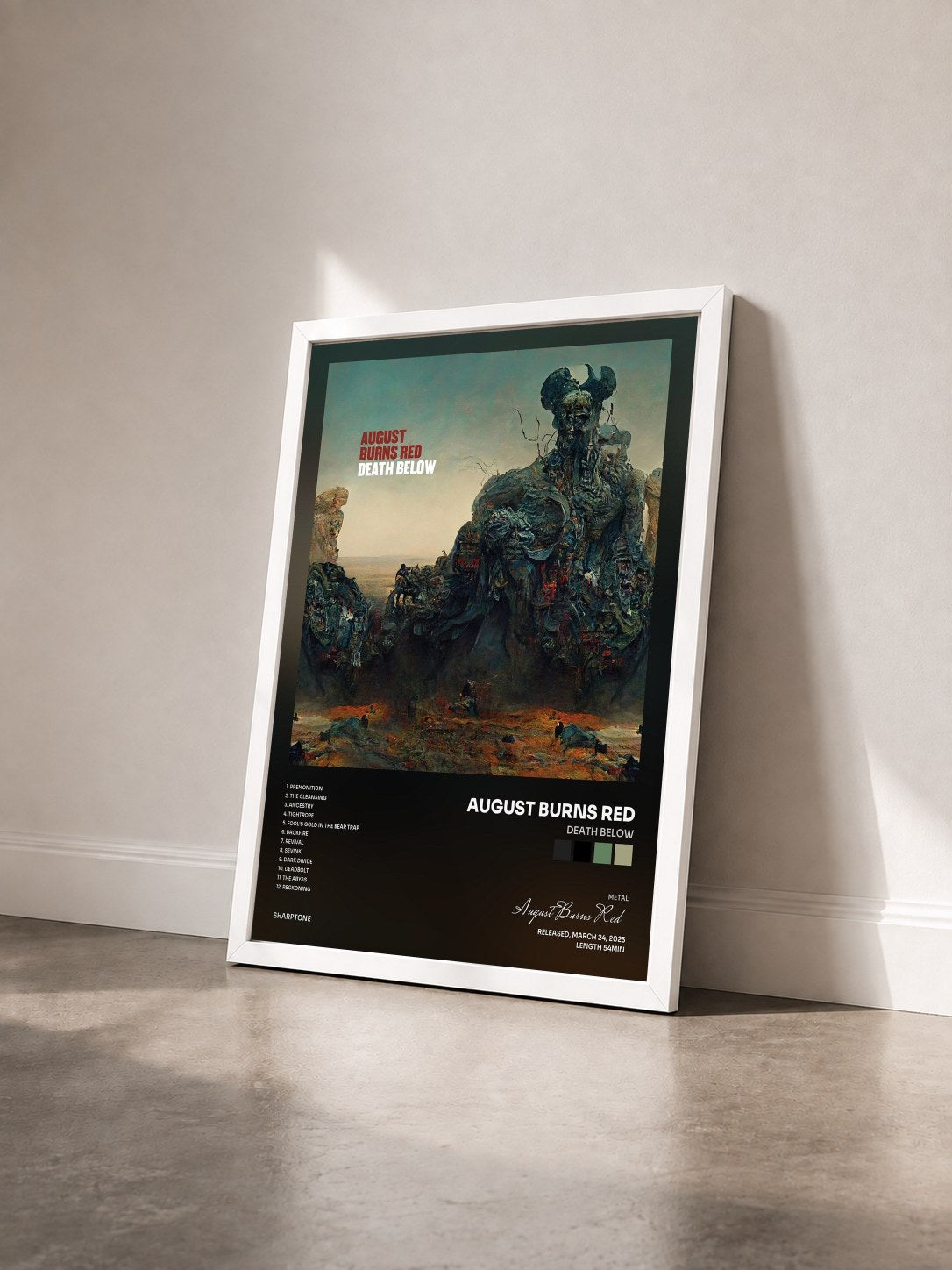 #blanc Tableau de l'album Death Below de August Burns Red vu de trois quarts, cadre blanc