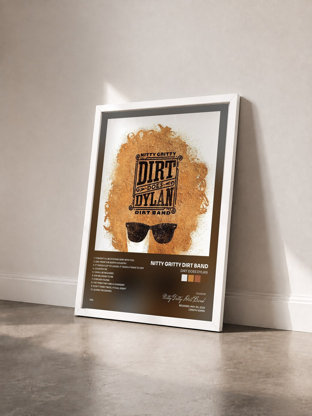 #blanc Tableau de l'album Dirt Does Dylan de Nitty Gritty Dirt Band vu de trois quarts, cadre blanc