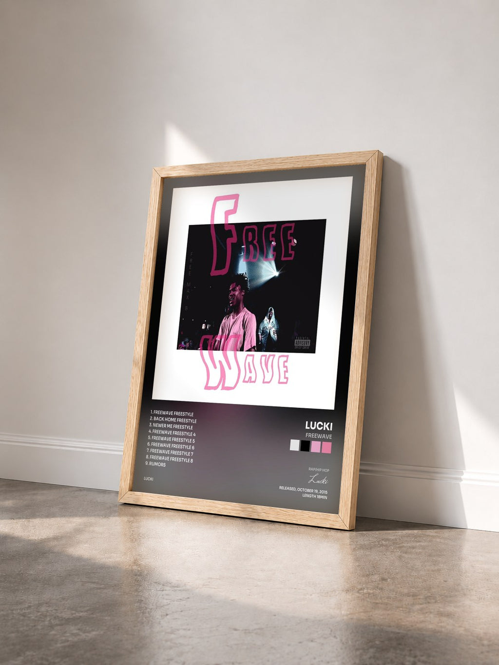 #bois Tableau de l'album Freewave de Lucki vu de trois quarts, cadre en bois brut
